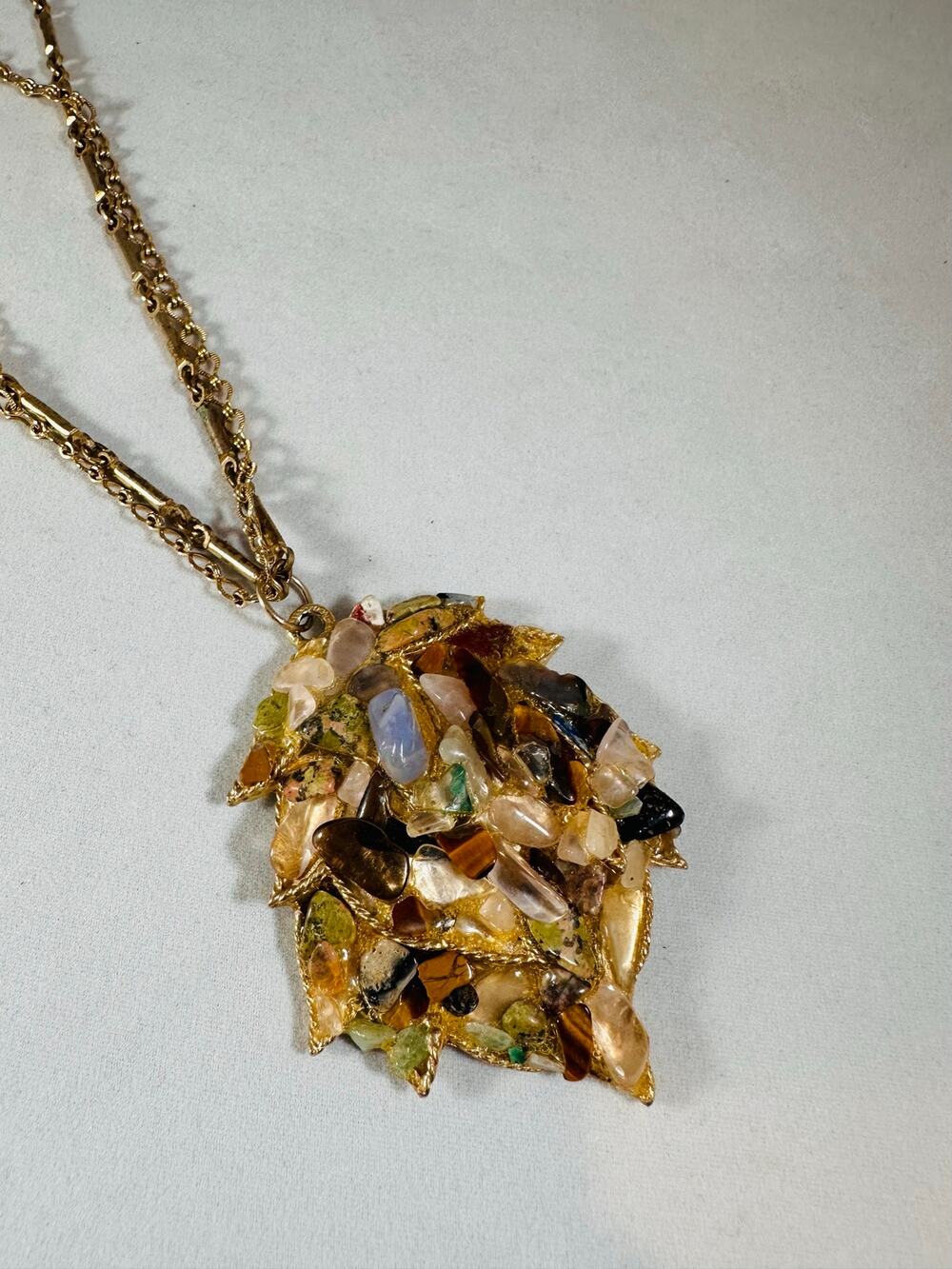 Vintage Leaf Pendant Necklace 21" Multi Gemstone Chip Gold Tone Statement 2.5x2"